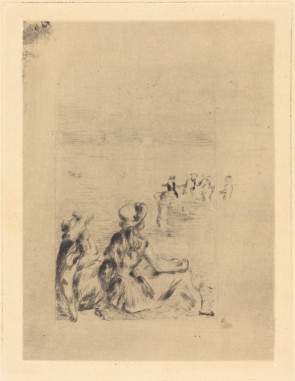 Renoir's 1892 drypoint On the Beach—At Berneval, with two seated figures seen from behind and smaller figures near the water